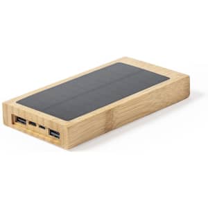 A power bank made of bamboo and grey material with multiple USB ports on one side.