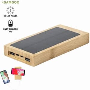 A bamboo power bank with a solar panel, featuring multiple USB ports for charging devices.