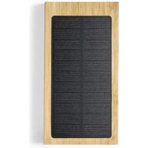 A rectangular product with a bamboo frame and a textured black surface, featuring a logo on the top.