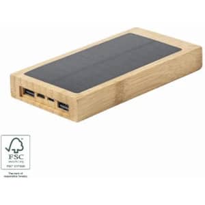 A bamboo power bank with three USB ports and a solar panel on top, featuring a logo on the side.