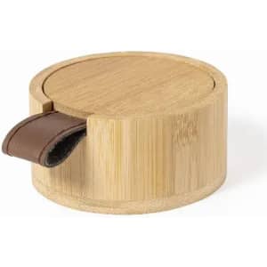 A bamboo container with a wooden lid and a leather handle. It features a smooth, natural finish.