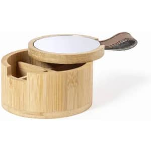 A bamboo storage container with a lid and leather strap, featuring a natural finish and stylish design.