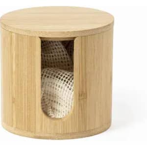 A bamboo storage container with a round, lidless design and a mesh interior for holding items.