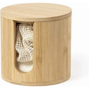 A bamboo container with a round lid, featuring a see-through section revealing a textured white cloth inside.