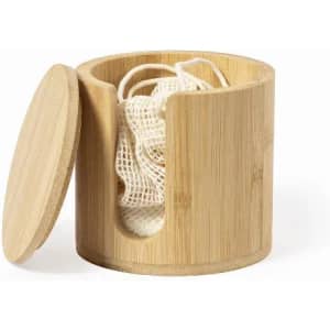 A bamboo storage container with a lid, featuring a cutout, and containing mesh pouches inside.