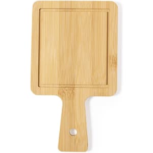 A bamboo chopping board with a rectangular shape and handle, featuring a smooth surface and natural wood grain.