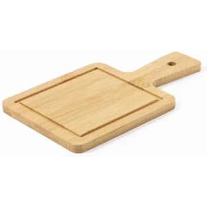 A wooden chopping board with a rectangular shape and a handle, featuring a smooth finish and a hanging hole.
