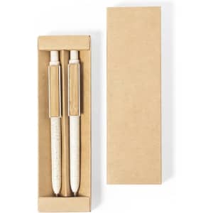 A set of two speckled white pens in a kraft paper box. The pens have gold accents and a simple design.
