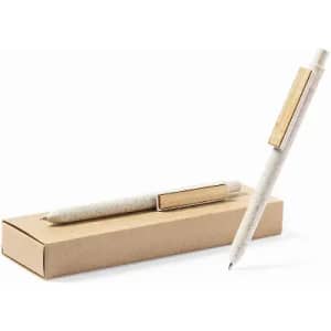A pen with a wooden clip and a speckled white body, presented in a simple cardboard box.