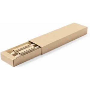 A rectangular cardboard box containing wooden sticks, neatly packaged with an open lid.
