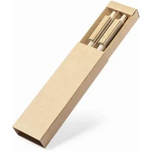 A set of chopsticks displayed in a brown, rectangular cardboard case. The chopsticks are wooden, with a natural finish.