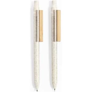 Two eco-friendly pens with a speckled white body and a wooden clip. They have a sleek, modern design and a metallic accent.