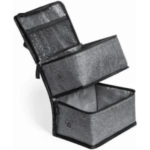 A grey insulated lunch bag with two compartments, featuring a zip closure and a mesh pocket on top.