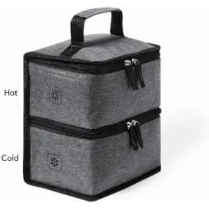 A grey insulated lunch bag with two compartments, featuring zippers and a handle. It has labels for "Hot" and "Cold."