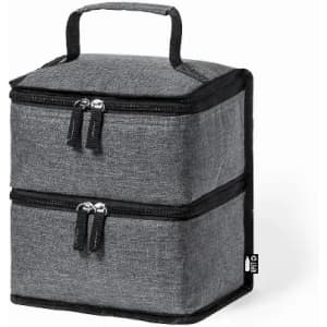 A double-layered, grey storage bag with a handle and two zippered compartments.