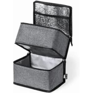 A grey insulated lunch bag with a zip closure, featuring an inner compartment and a silver reflective lining.