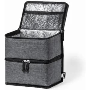 A grey insulated cooler bag with a zippered closure and a silver reflective interior. It features a black trim.