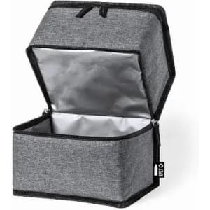 A grey insulated storage box with a zip closure and a silver interior, featuring a logo on the side.
