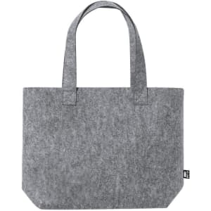 A grey felt tote bag with two sturdy handles and a simple design. It features a branding logo on the side.