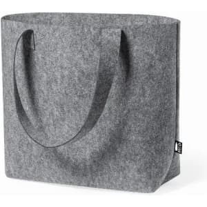 A grey felt tote bag with two handles and a square shape, featuring a small brand tag.