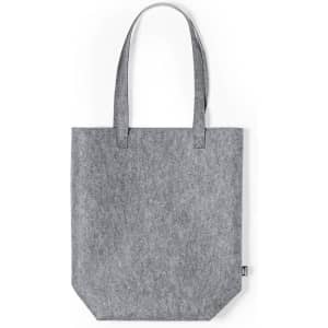 A grey tote bag with two sturdy handles and a simple design. It features a logo on one side.