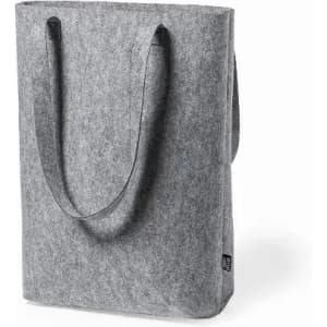 A tote bag made of grey felt with two sturdy handles and a logo on the side.