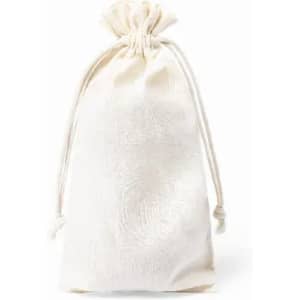 A drawstring pouch in a light cream colour with a textured finish and a cinched top.