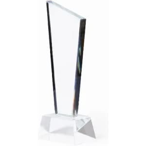 A trophy with a tall, angular crystal design mounted on a clear base.