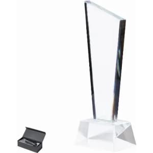 A clear acrylic award trophy with a triangular design, presented beside a black box.