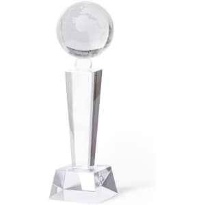 A glass trophy with a globe atop an angular base, featuring clear and frosted elements.