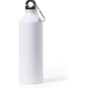 A drink bottle in white with a silver clip. Features a smooth, cylindrical design and a simple logo.