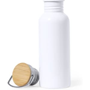 A drink bottle in white with a wooden lid. The bottle features a metal base and a simple design.