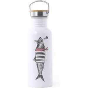 A drink bottle in white, featuring an illustration of a fish wearing a striped shirt and pipe, with a metal lid.