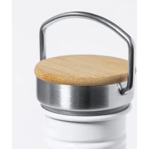A drink bottle with a stainless steel body and a wooden lid featuring a metal handle.