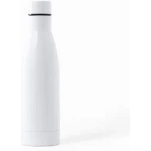 A drink bottle in a sleek white design with a black ring around the neck and a rounded base.