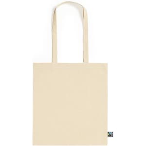 A beige canvas tote bag with long handles and a branding label at the bottom.