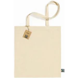 A beige tote bag with long handles and a tag, featuring a logo on one side.