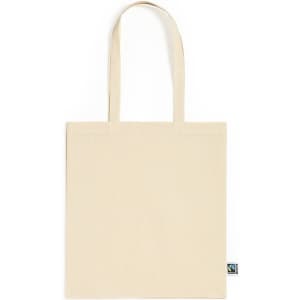 A fairtrade tote bag in a natural beige colour, featuring two handles and a small logo on the side.