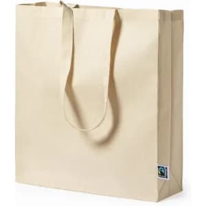 A beige tote bag with long handles, featuring a logo on the side.
