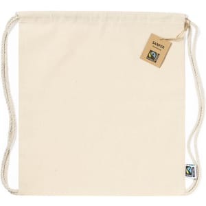 A plain cream drawstring bag with a tag attached, featuring a logo on the side.