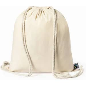 A drawstring bag in natural cream colour with beige cords and a logo tag at the bottom.