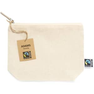 A natural canvas beauty bag with a tag and a small logo, featuring a zipper for closure.