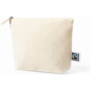 A cream-coloured pouch with a zip closure and a small logo tag.