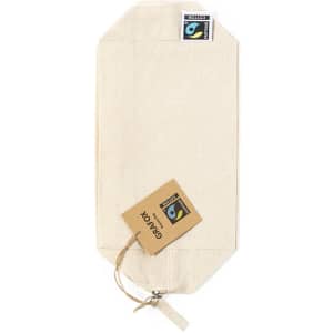 A cream-coloured pouch with a zip and tag, featuring a brand logo.