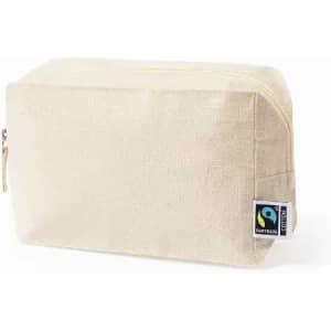 A cream-coloured cosmetic bag with a zip closure and a Fairtrade logo.