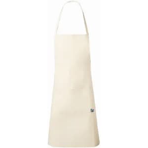 A light cream-coloured apron with an adjustable neck strap and a small logo on the front.