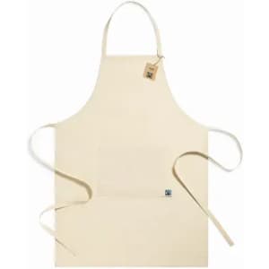 A cream-coloured apron featuring long ties and a front pocket, with a small logo tag attached.