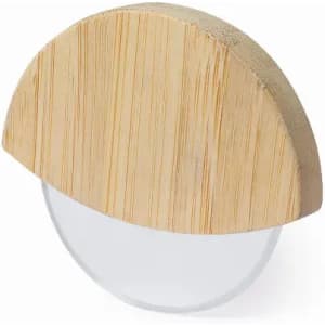 A drink bottle with a clear base and a bamboo lid, featuring a half-circle design.