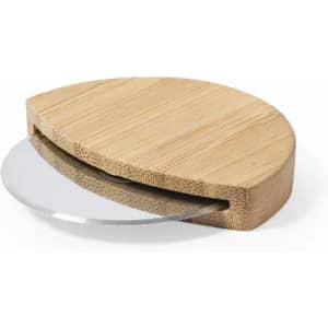 A wooden serving board with a rounded shape, featuring a smooth metal edge for cutting.