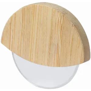 A drink bottle featuring a clear glass body and a natural bamboo cap. The design is sleek and modern.